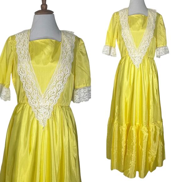 Vintage 80s Yellow Taffetta Bridgerton Style Dress w Matching Hat M - Picture 2 of 10